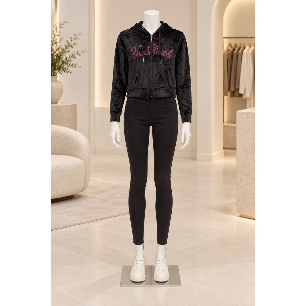 Von Dutch Women Hoodie Black Velour Pink Rhinestone Logo Medium